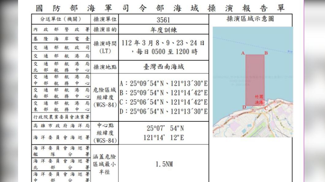 海軍射擊通報指出,151艦隊將在桃園竹圍漁港旁沙灘至外海進行相關操演。(圖/取自漁業署射擊通報)
