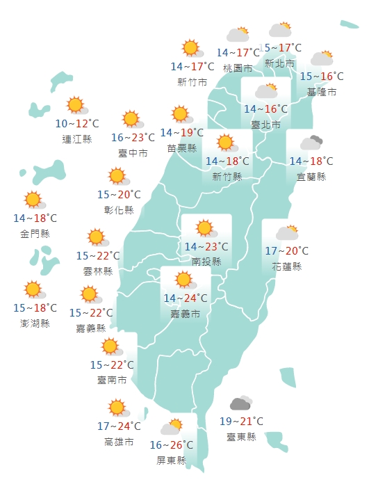 各縣市氣溫預報。（圖／中央氣象局）