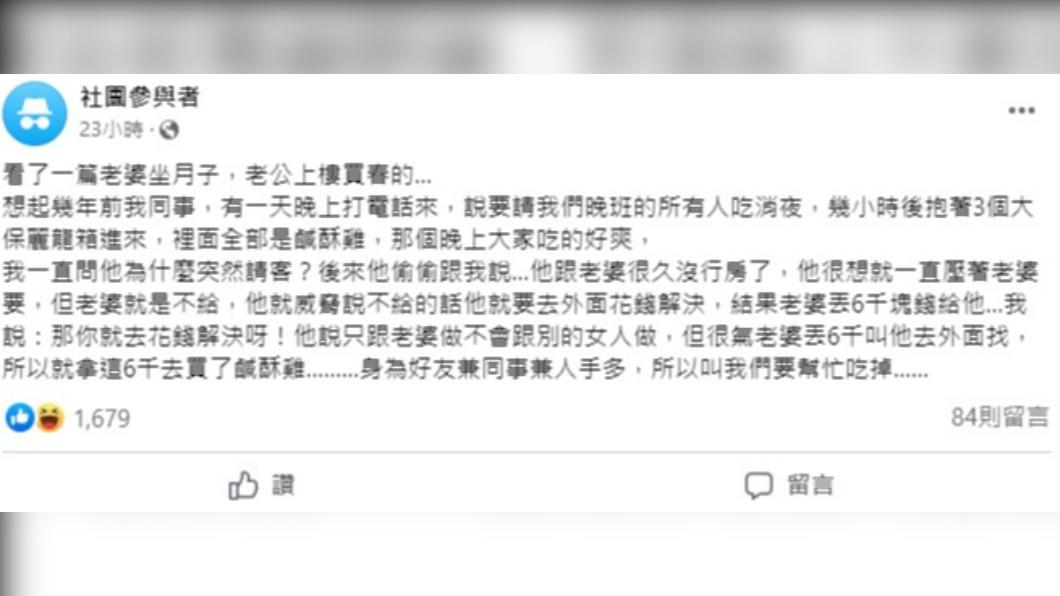 網友的同事買了鹹酥雞請所有人吃。(圖/匿名公社)