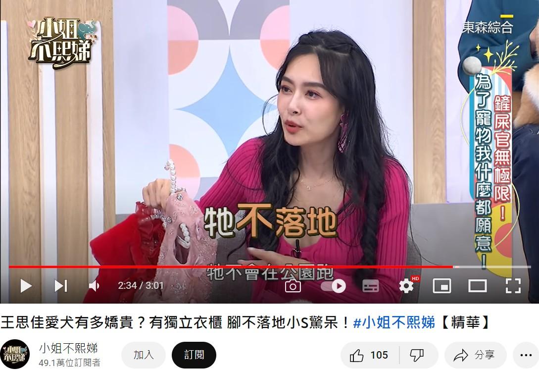 王思佳的愛犬在外面是不落地的。(圖/翻攝自小姐不熙娣YouTube)