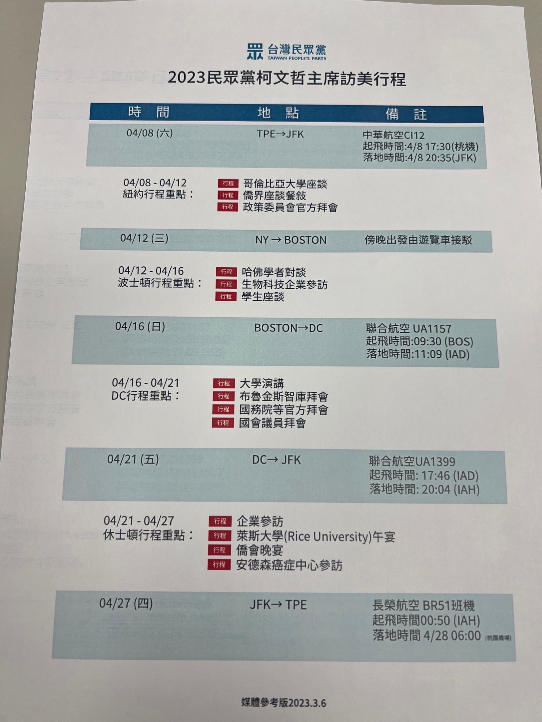民眾黨主席柯文哲出訪美國初步規劃。(圖/方炳超攝)