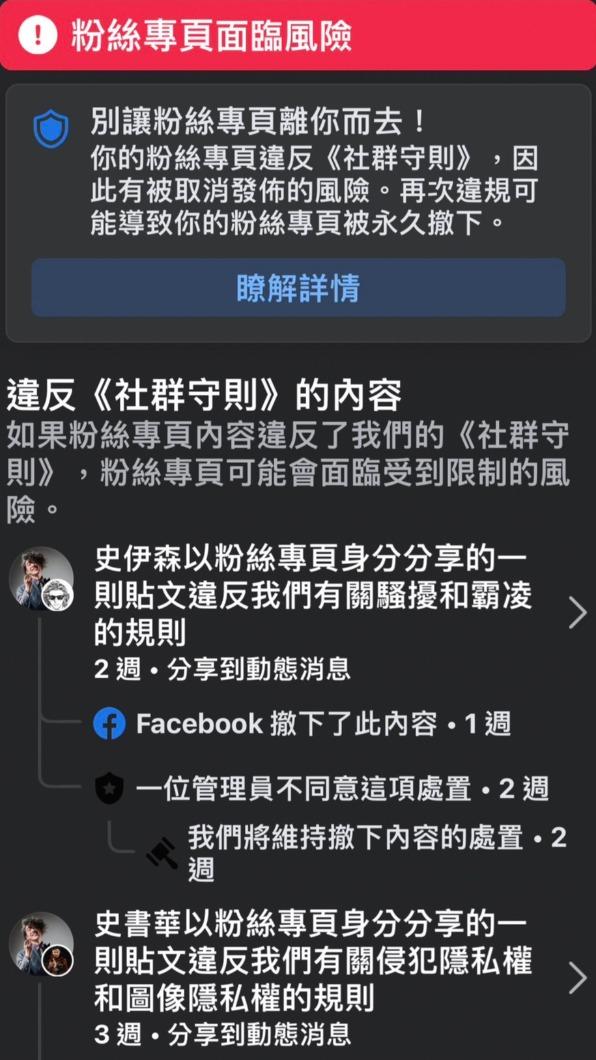 臉書已多次警告違反社群守則，今遭下架。（圖／翻攝自Twitter）