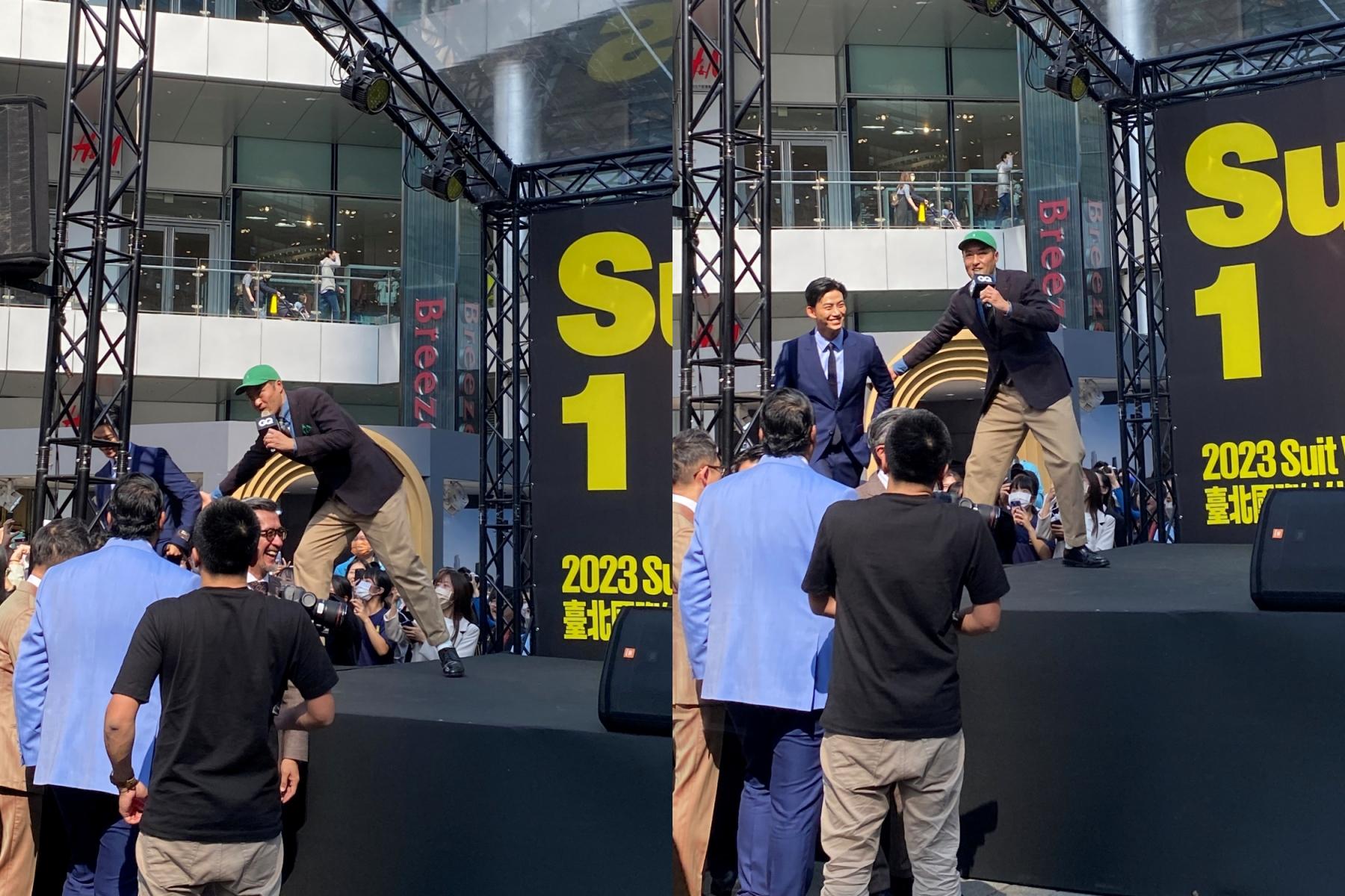 採訪將近尾聲,玉澤演跑到舞台側邊跟粉絲互動,還衝下台,被主持人抓回。(圖/林坤緯攝)