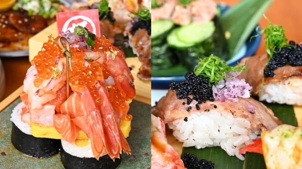 「鮭捲爆蝦塔壽司」、「牛小排握握」用料超狂。（圖／糖糖‘s享食生活提供）