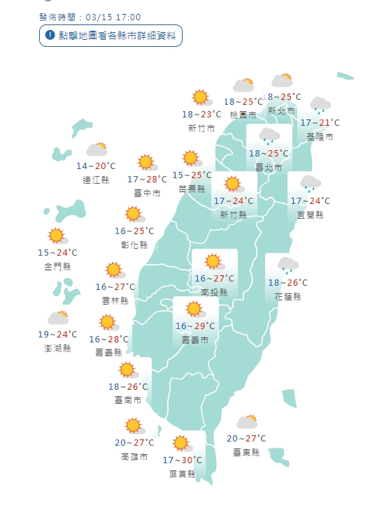 各縣市氣溫預報。(圖/中央氣象局)