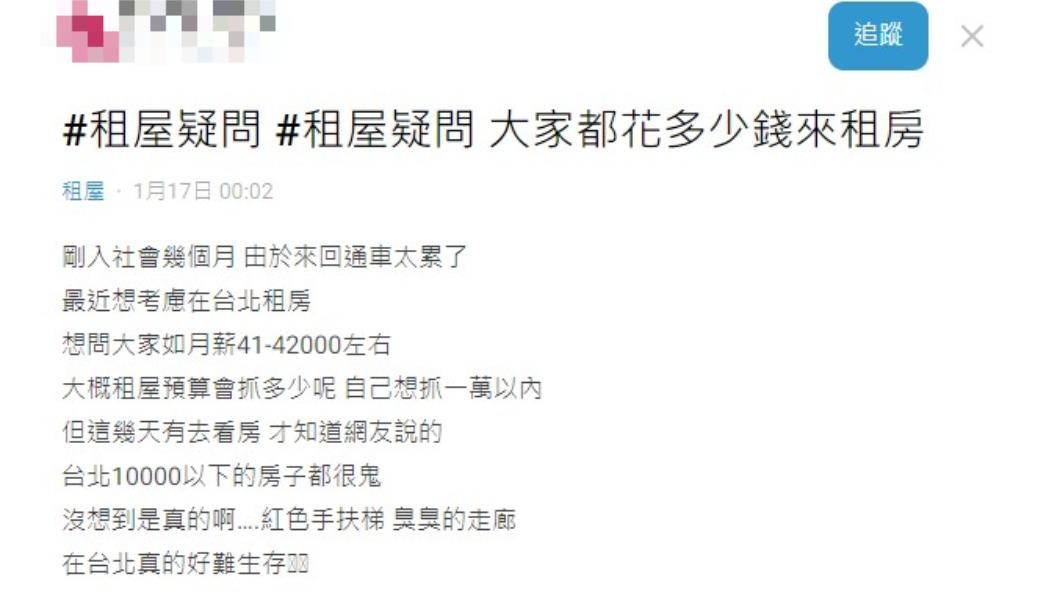網友好奇台北租屋預算應該抓多少。(圖/翻攝自Dcard)
