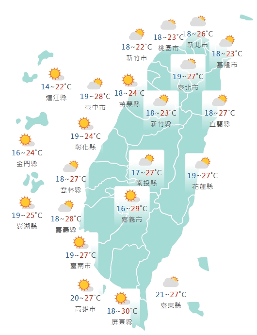 各縣市氣溫預報。(圖/中央氣象局)