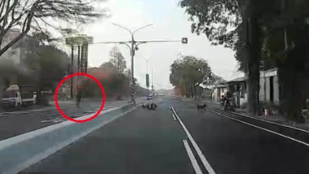 女騎士狂奔過中央分隔島衝到對向車道。（圖／翻攝自爆廢公社二館）