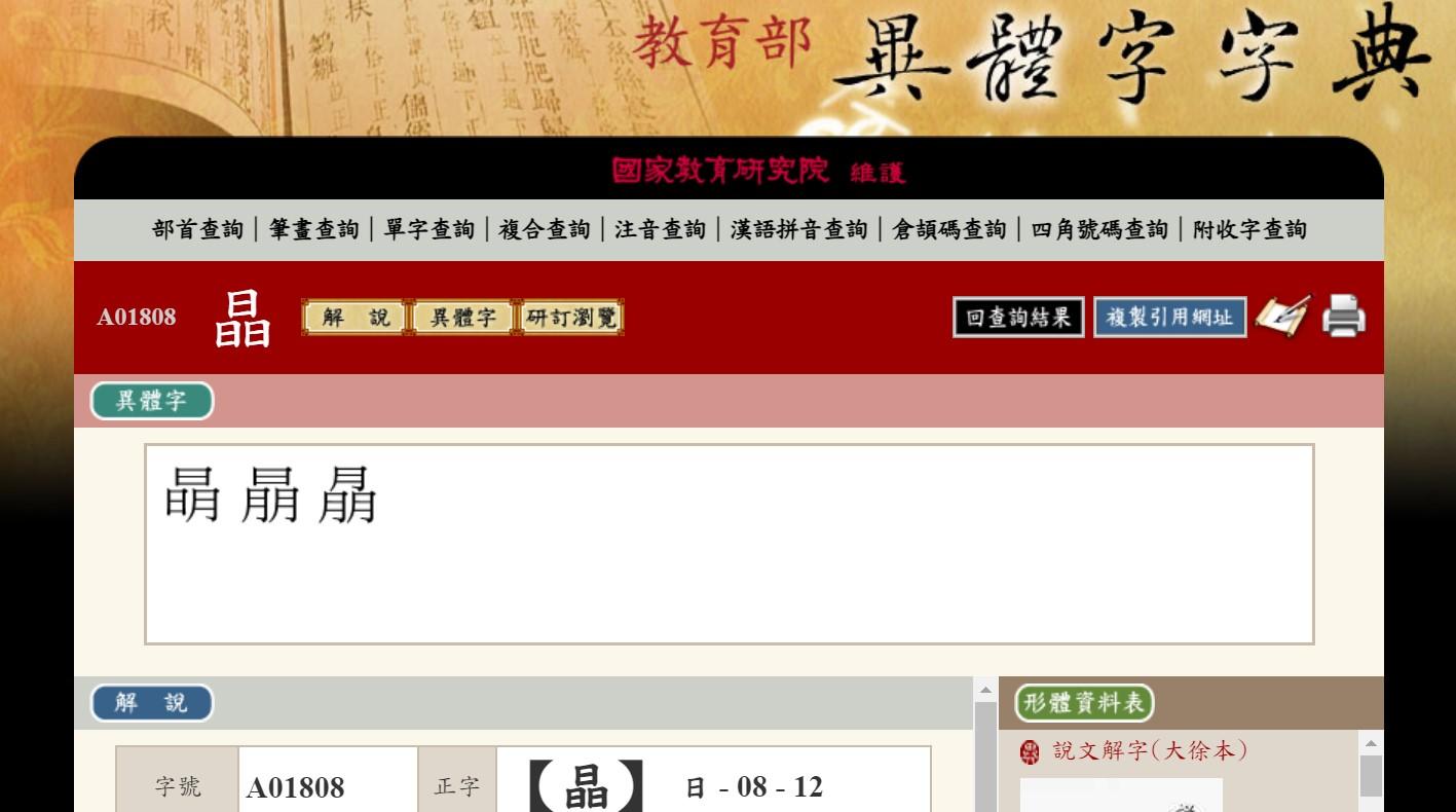 晶的異體字包含其他3種。(圖/翻攝自教育部異體字字典)