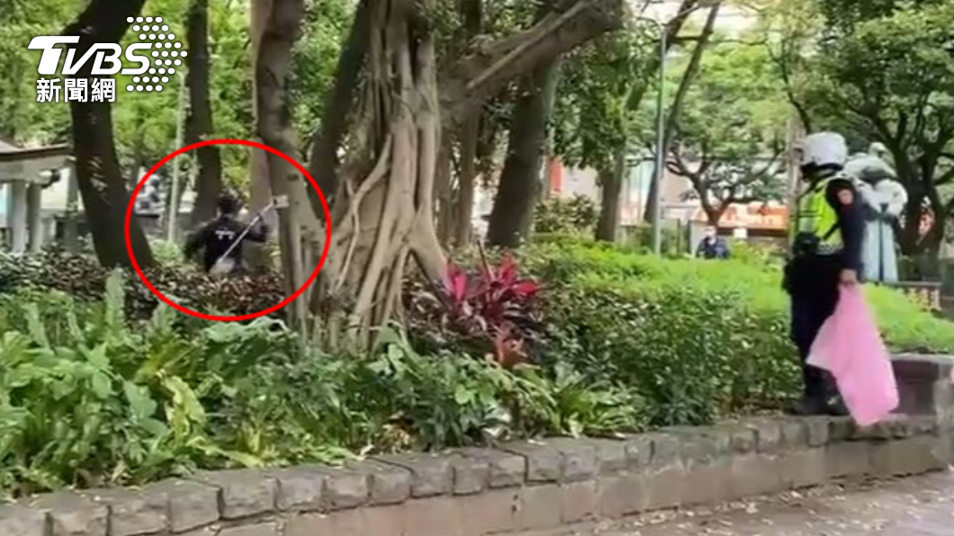 兩名員警拿誘捕網和塑膠袋抓雞。（圖／TVBS）