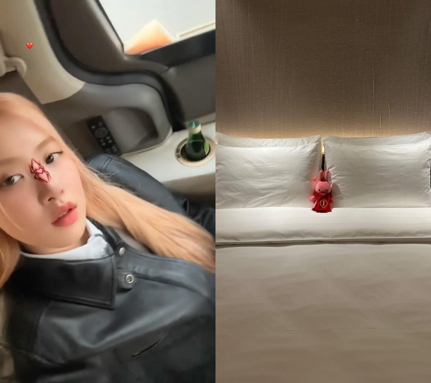 Rose'抵台後分享了在保母車上的樣子,還有飯店準備的兔子娃娃。(圖/翻攝自Rose' IG)