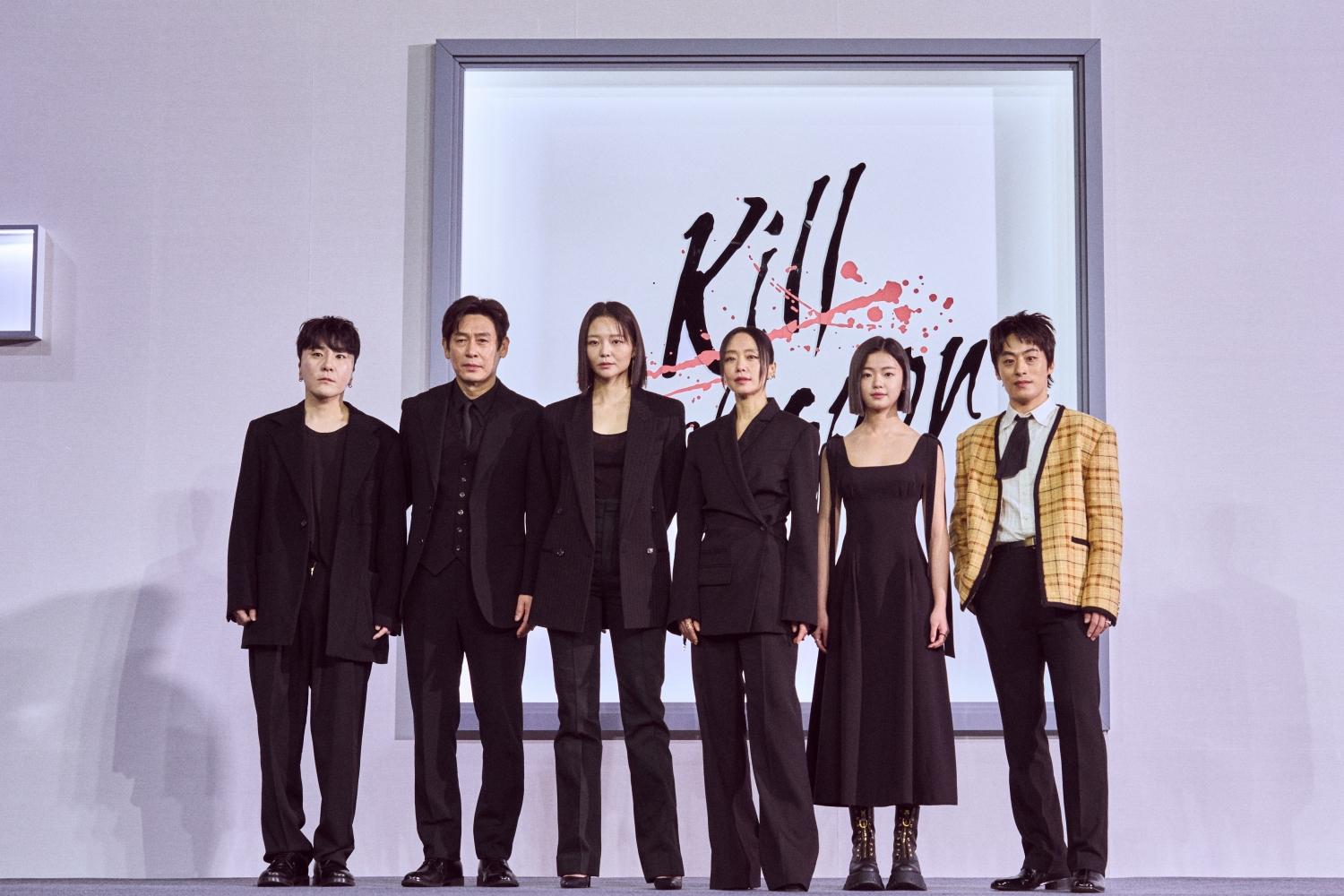 《格殺福順》劇組出席21日記者會,左起為編導邊聖鉉、薛景求、李絮、全道嬿、金是兒與具教煥。(圖/Netflix提供)