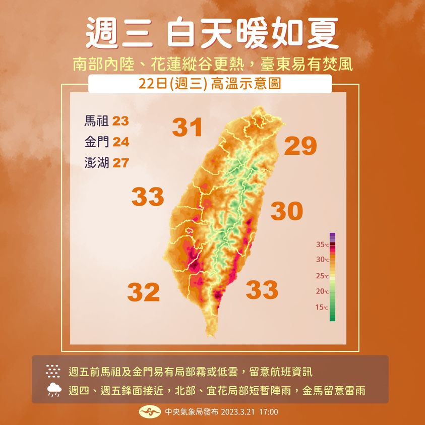 白天暖熱如夏。(圖/中央氣象局)