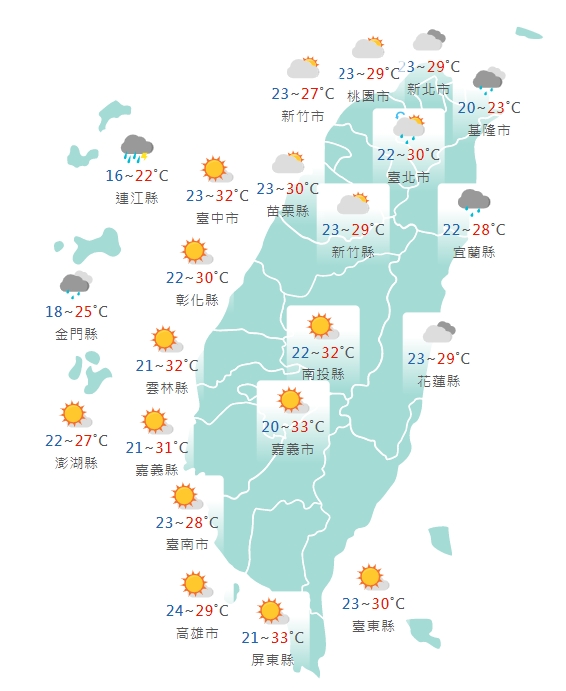 各縣市氣溫預報。(圖/中央氣象局)