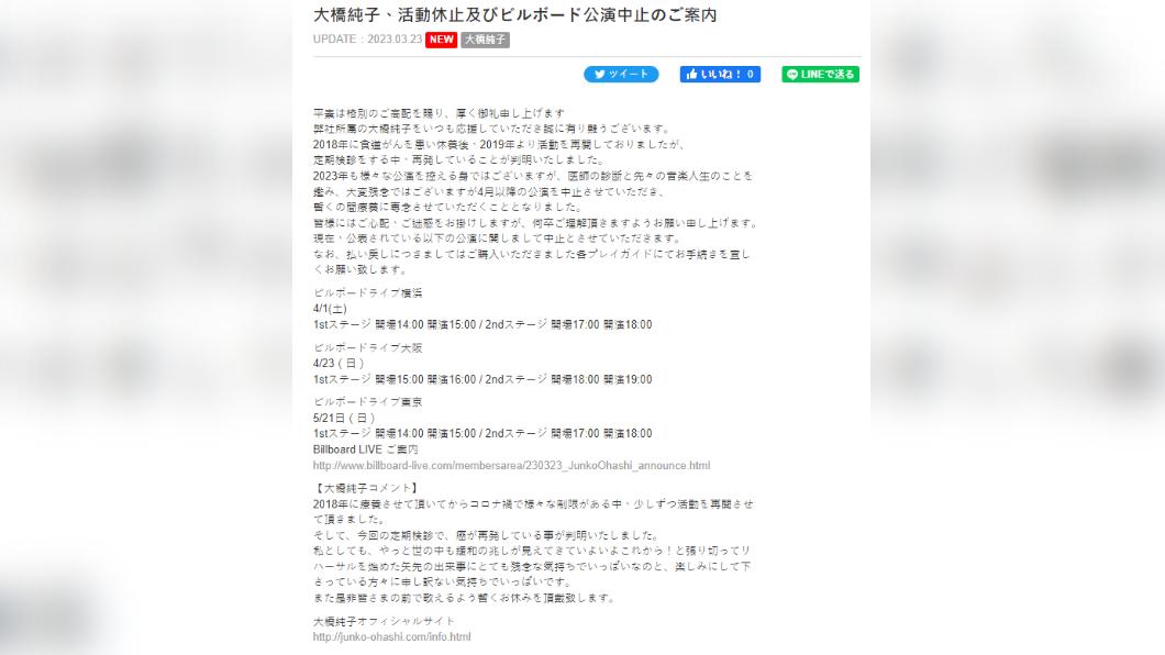 大橋純子全面停工,取消4月公演。(圖/翻攝自OFFICE WALKER官網)