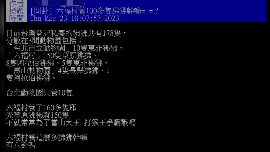 有網友好奇六福村的狒狒數量。(圖/翻攝自PTT)