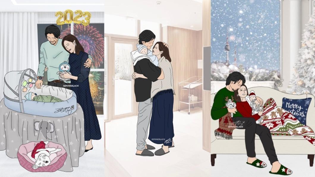 粉絲畫出玄彬、孫藝真一家四口全家福。(圖/翻攝自推特)