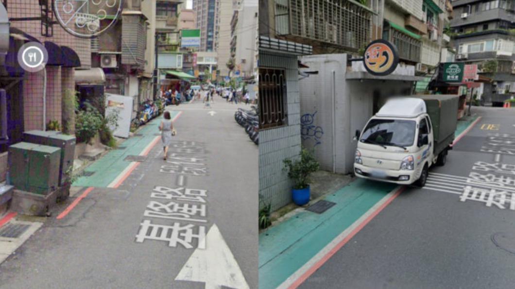 就算人行道使用綠色油漆畫設,但仍會有人違規停車。(圖/翻攝自Google Map)