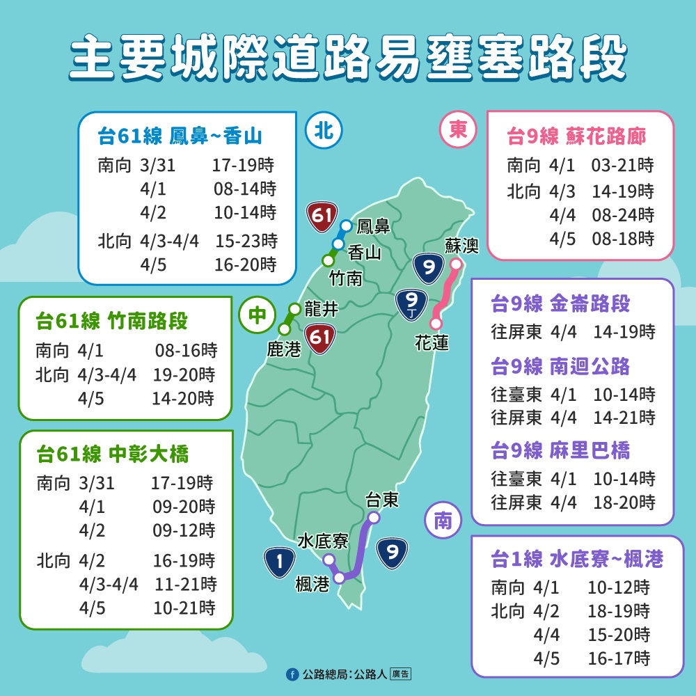 清明連假主要城際道路易壅塞路段。(圖/公路總局)