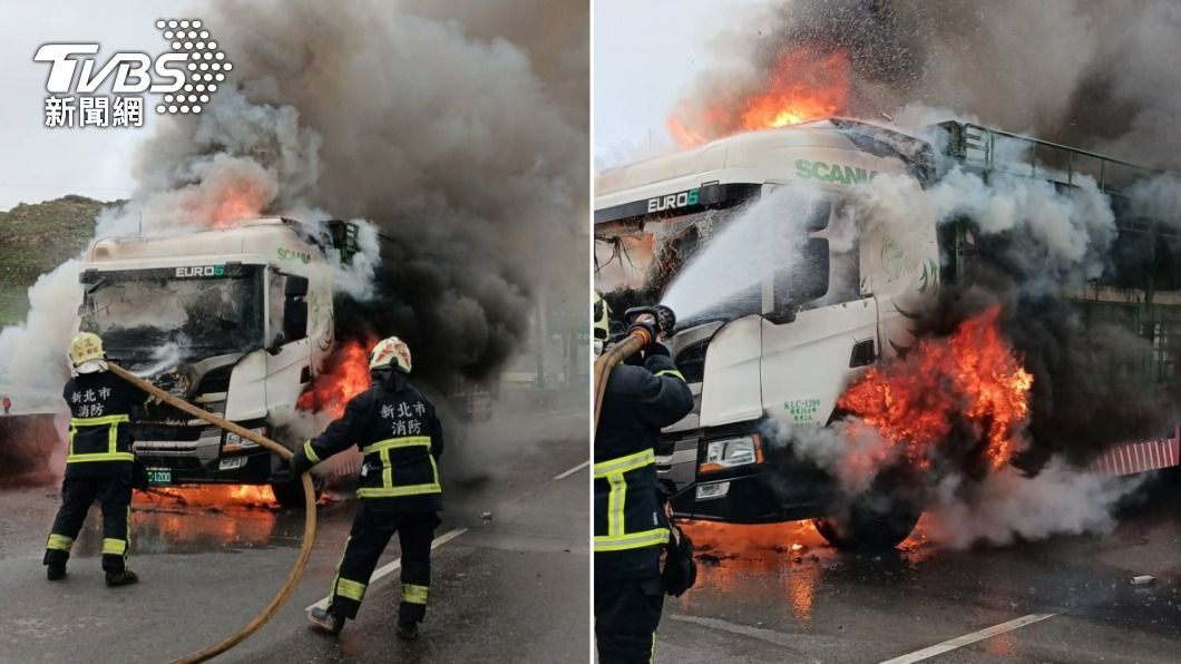 曳引車爆胎起火!車頭秒燒成「火球」 駕駛乘客倉皇逃生