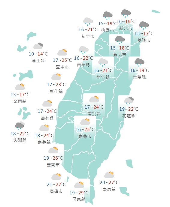 各縣市氣溫預報。(圖/中央氣象局)