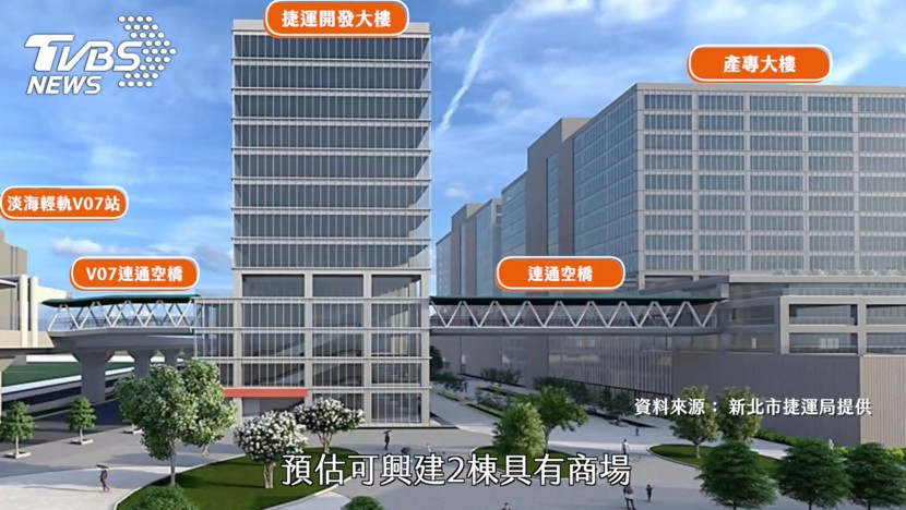 淡海輕軌淡水行政中心站南側,約2.98公傾土地合作開發,預估可興建2棟具有商場、辦公大樓及住宅大樓功能的複合式建築物。(圖/新北市捷運局,TVBS製表)