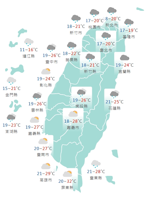 各縣市氣溫預報。(圖/中央氣象局)