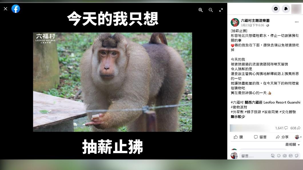 六福村小編在狒狒走失期間甚至PO「今天的只想抽薪止狒」圖片搞笑。（圖／翻攝六福村臉書）