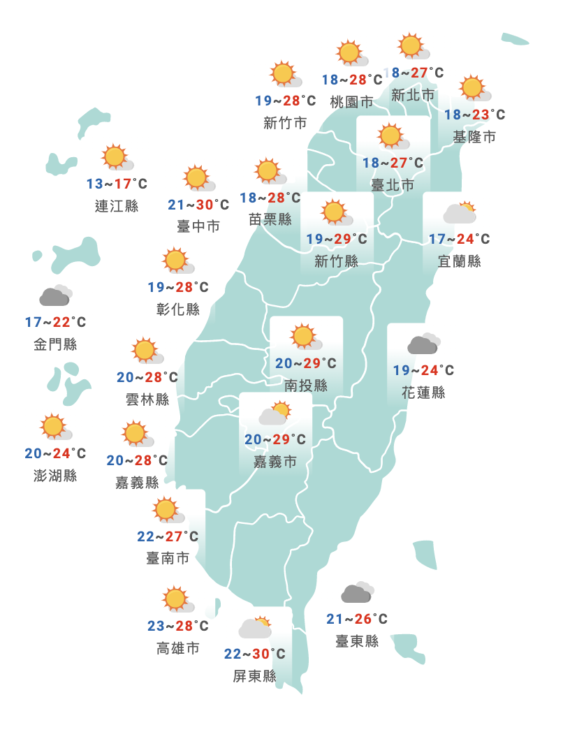 明日溫度預測。(圖/翻攝自中央氣象局官網)