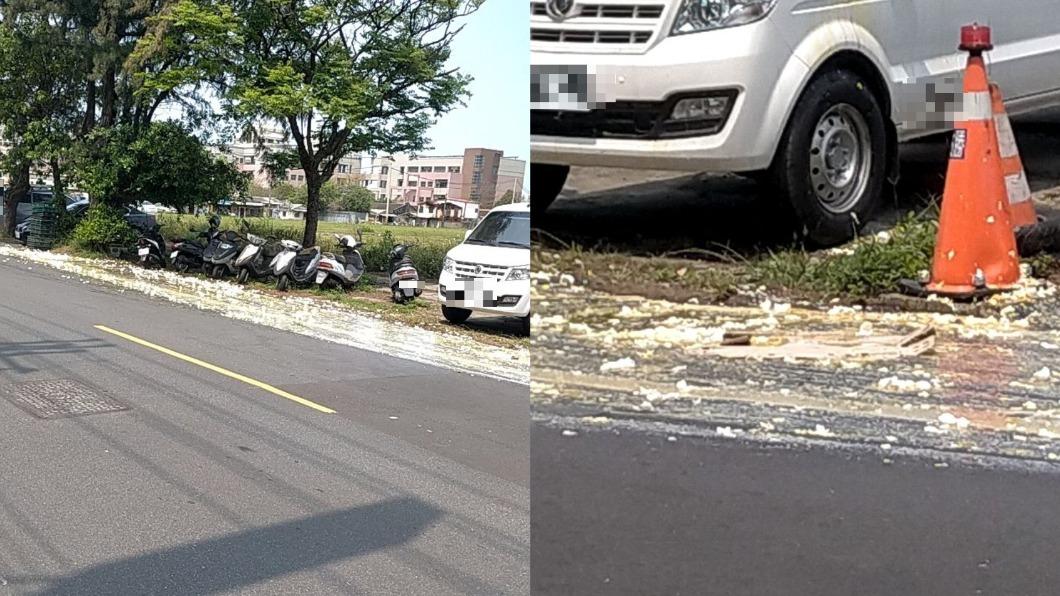 共有11箱的雞蛋從車上滑落，使地面宛如蛋花湯。（圖／翻攝自《記者爆料網》）
