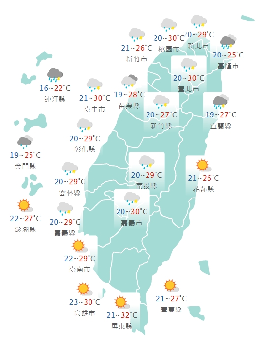 各縣市氣溫預報。(圖/中央氣象局)