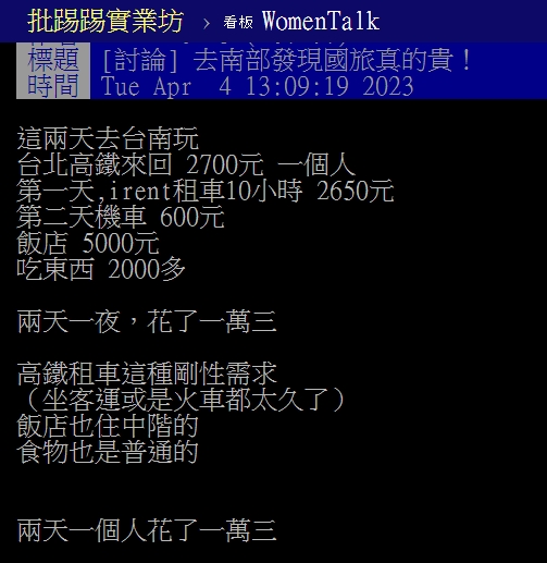 網友2天1夜台南旅遊花1萬千元,引發熱議。(圖/翻攝PTT)