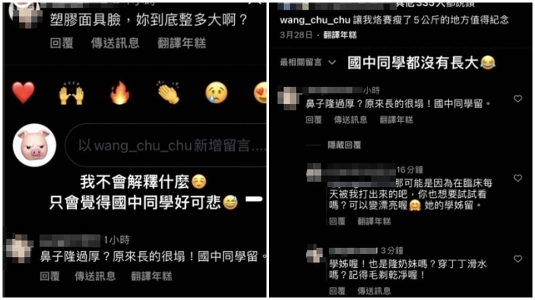 遭國中同學驚爆整形隆鼻,豬豬霸氣回應。(圖/翻攝豬豬IG)