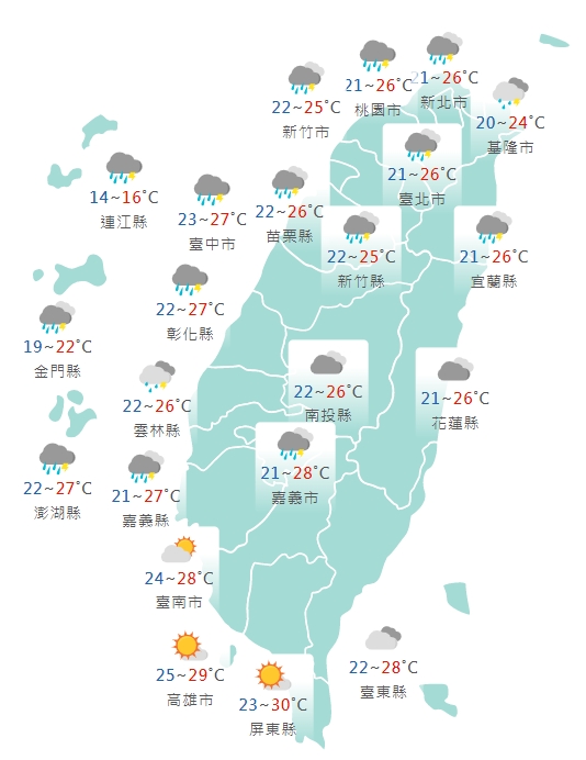 各縣市氣溫預報。(圖/中央氣象局)