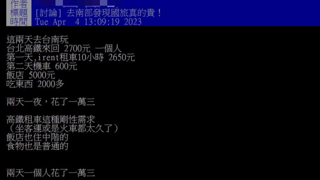 網友抱怨連假到台南旅行很貴。(圖/翻攝自PTT)