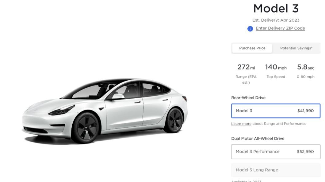 Model 3調降1000美元。(圖/翻攝自特斯拉官網)