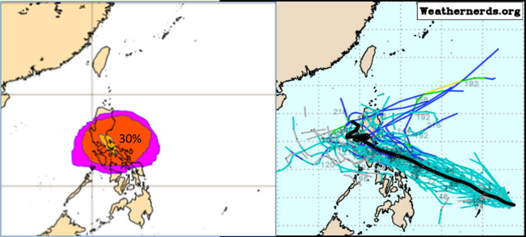 菲律賓東方海面有熱帶擾動。(圖/翻攝ECMWF、Weathernerd.org)