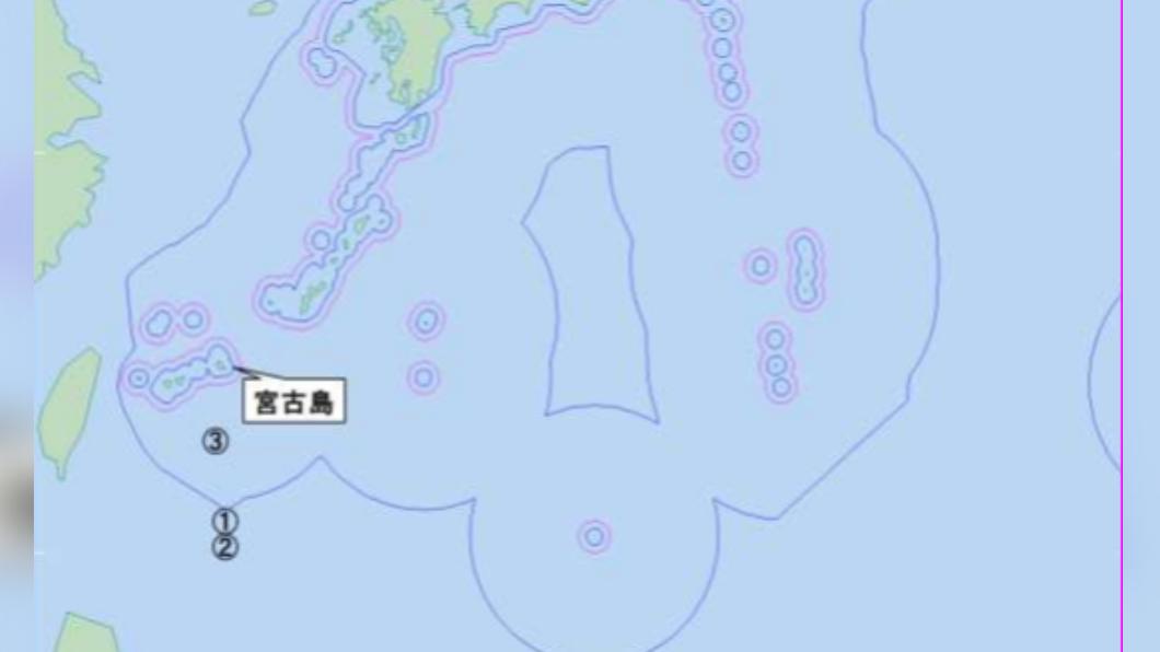 編號1、2、3為共軍艦艇於5日至7日晚間時的位置。(圖/翻攝自防衛省統合幕僚監部)