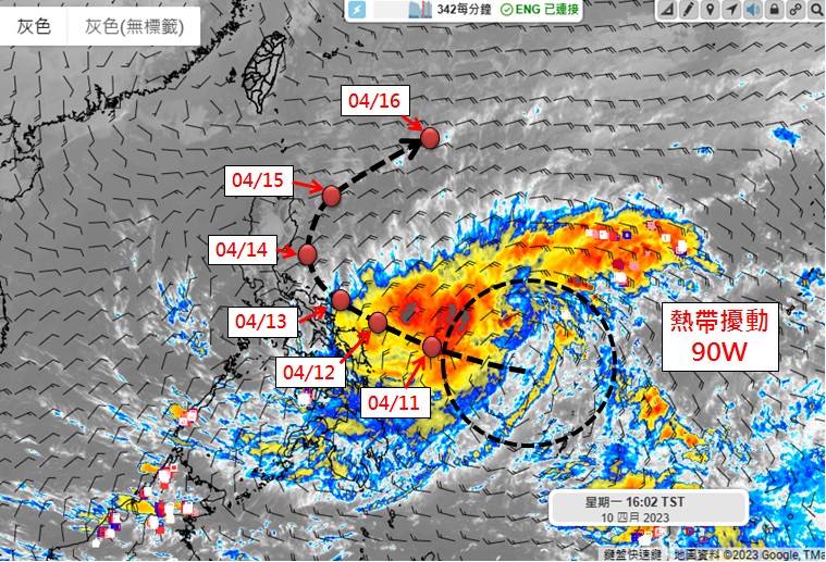熱帶擾動90W,今年第一個有機會發展為正式編號熱帶性低氣壓甚至輕度颱風的系統。(圖/翻攝自天氣職人-吳聖宇臉書)