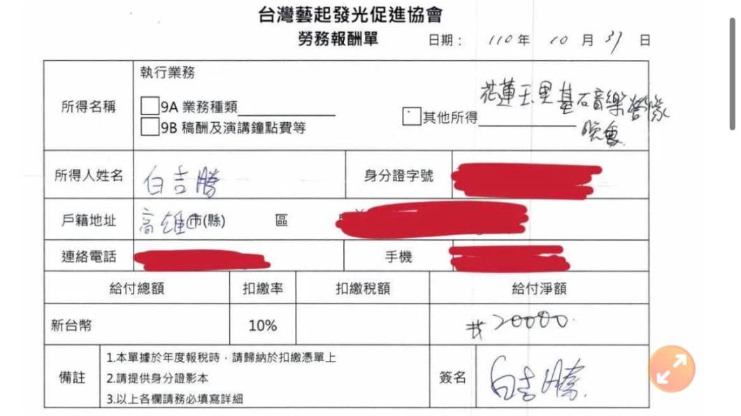 阿Ben曬出單據,向國稅局檢舉藝起發光逃漏稅。(圖/翻攝自白吉勝&徐小可臉書)