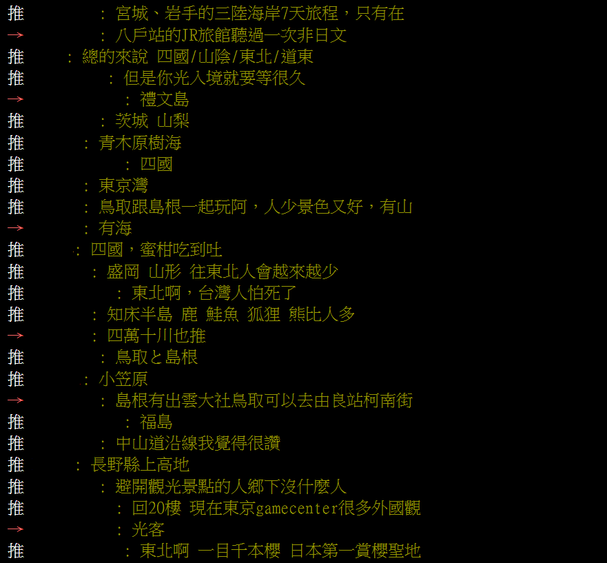 不少鄉民推薦東北、四國等地。(圖/翻攝自PTT)