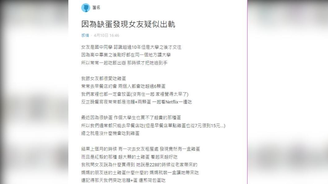 原PO因為缺蛋,發現女友疑似出軌。(圖/翻攝自Dcard)