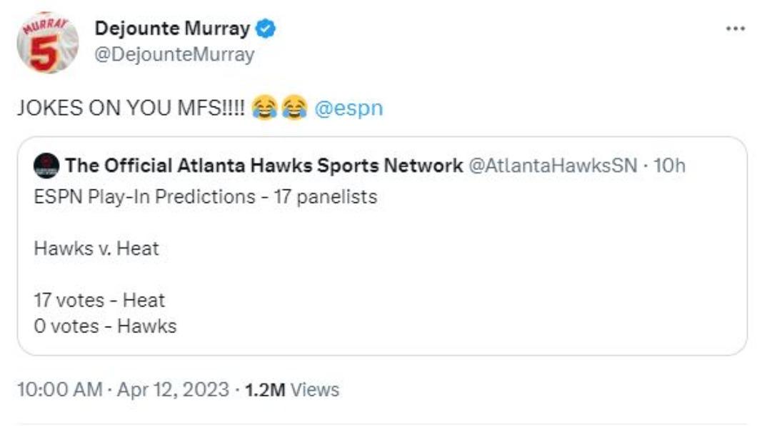 莫瑞賽後忍不住嘲諷了《ESPN》的預測。(圖/翻攝自「@DejounteMurray」推特)