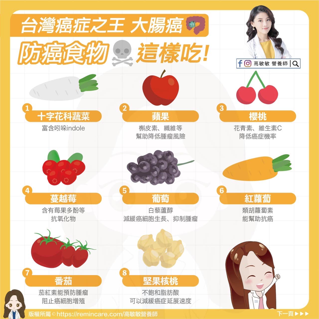 營養師整理「8類防癌食物」。(圖/翻攝自高敏敏 營養師臉書)