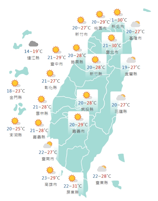各縣市氣溫預報。（圖／中央氣象局）