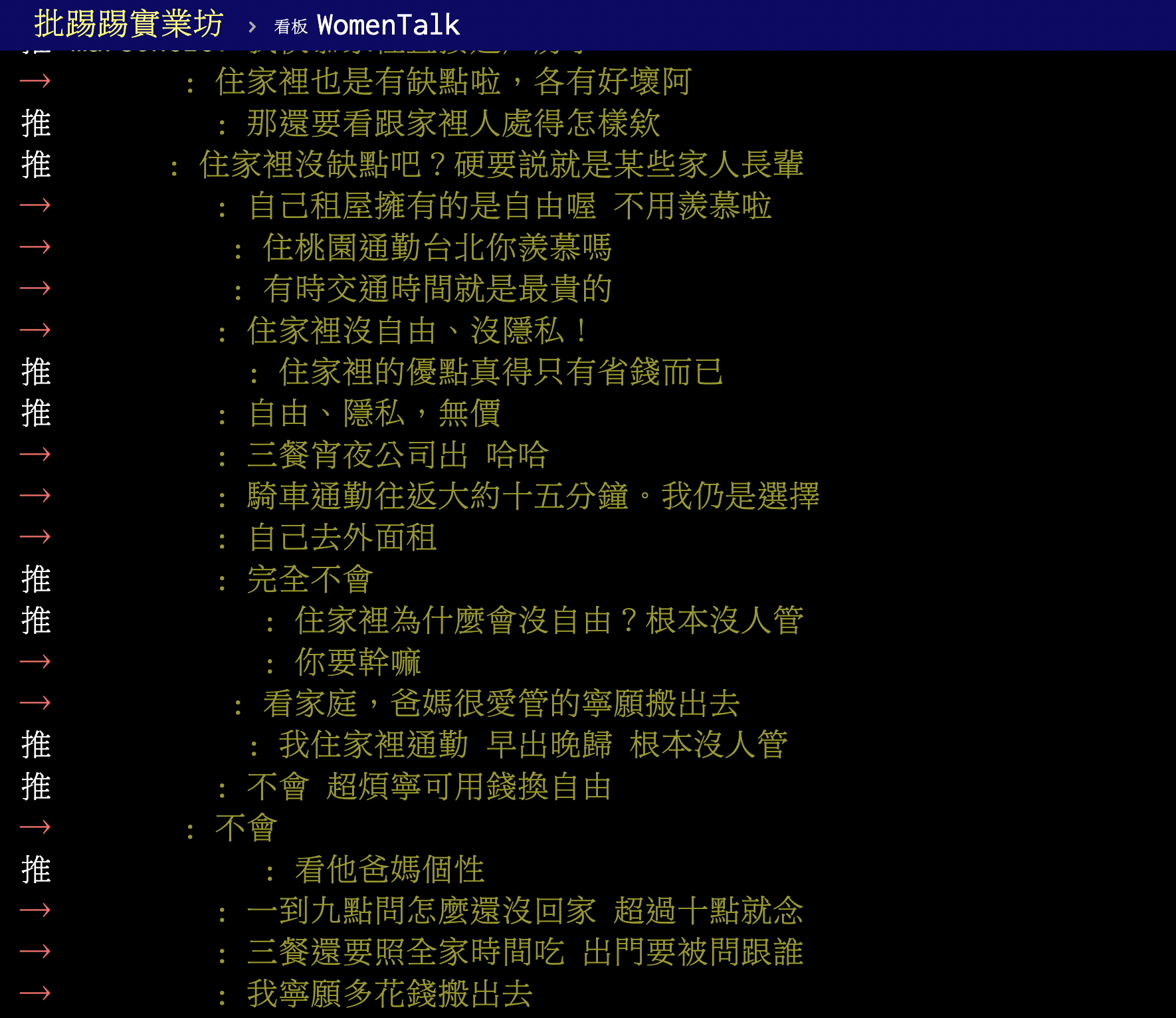 鄉民有不同的看法，如果住家裡就需要犧牲自由。（圖／翻攝自PTT）