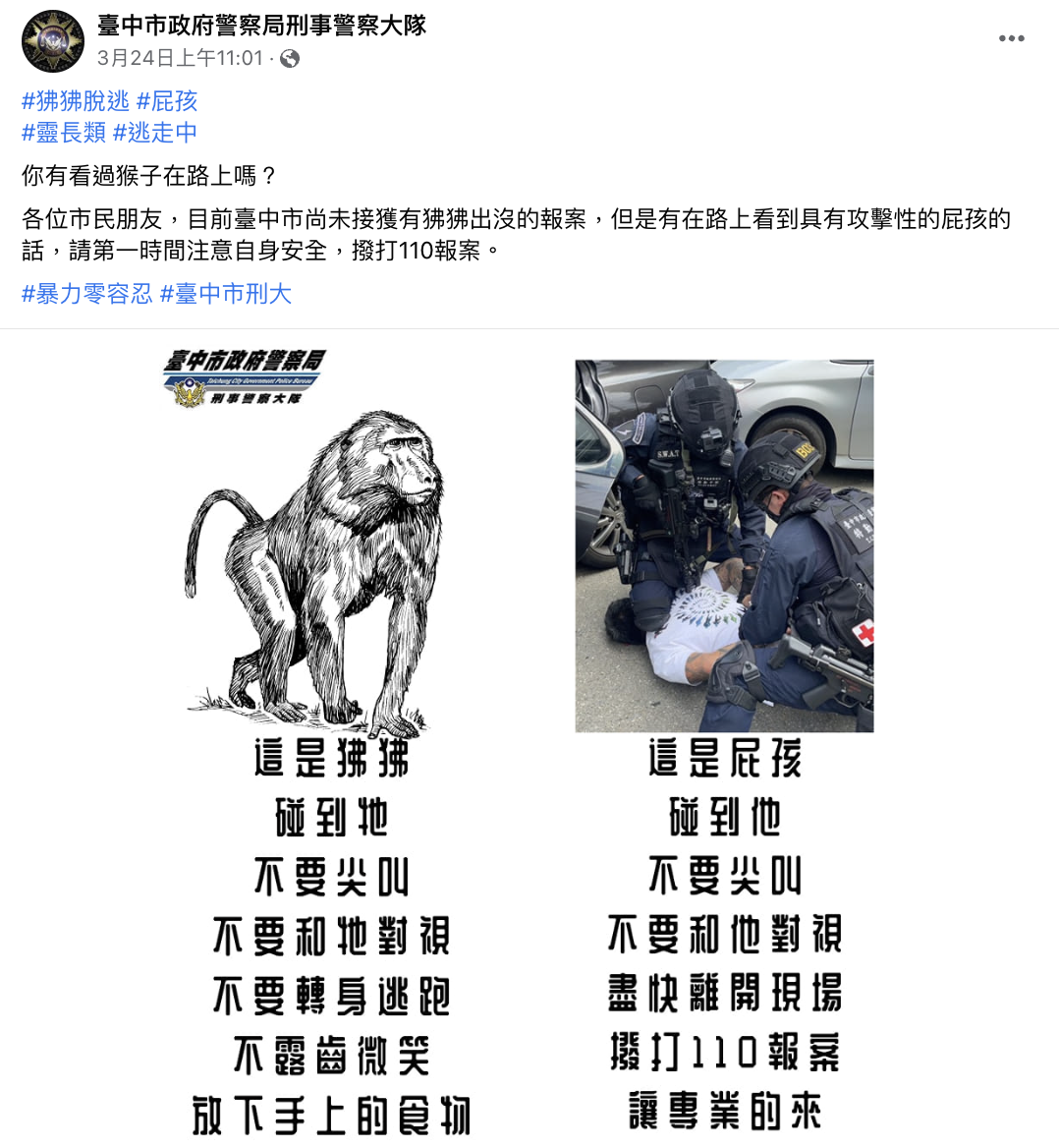 台中警將遇到狒狒時的4不1放原則，與警察抓捕嫌犯的畫面作成組圖。（圖／翻攝自台中市刑警大隊臉書）