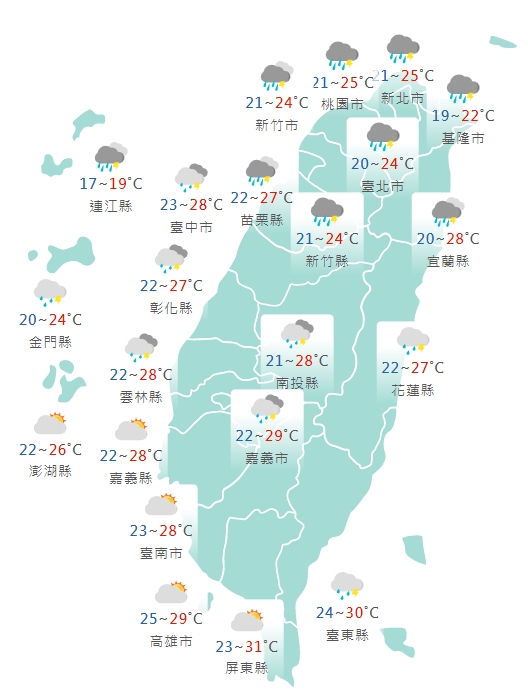 各縣市氣溫預報。(圖/中央氣象局)