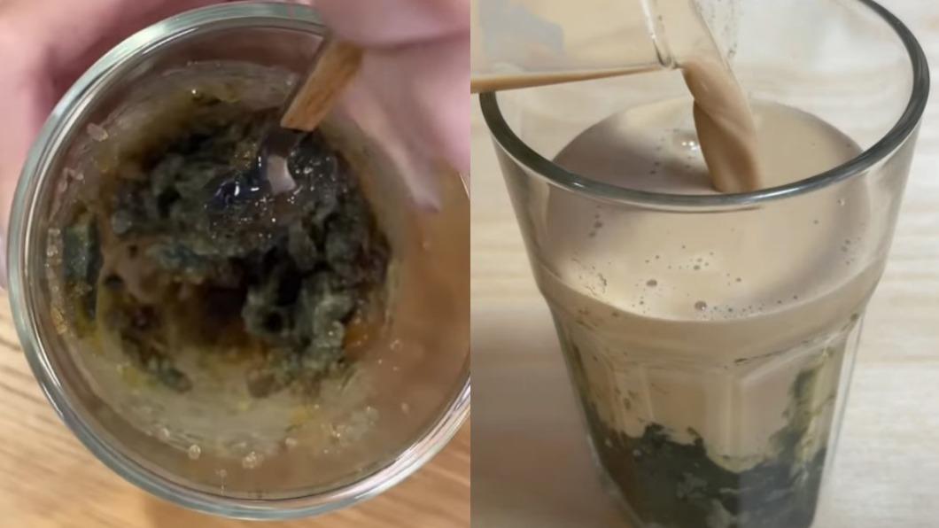 將皮蛋搗碎淋上咖啡和牛奶,就是一杯皮蛋咖啡。(圖/翻攝自IG@khshu_、《厭世甜點店》YT)