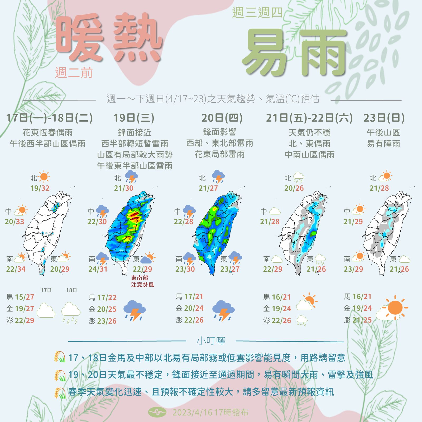 下週三之後，各地容易出現降雨。（圖／翻攝自報天氣 - 中央氣象局臉書）